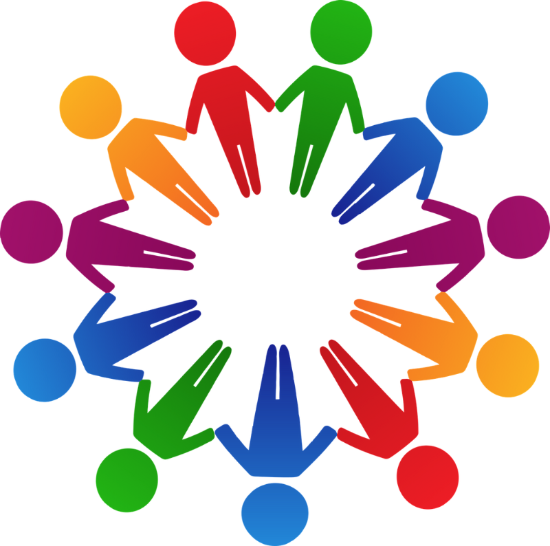 Colorful, simplistic human figures holding hands in a circular formation, alternating blue, orange, red, green and purple, creating a star-shaped pattern in the center, symbolizing quality of work life.