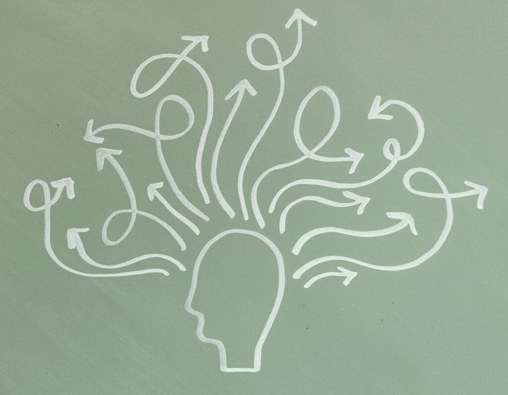 Silhouette of a head with several arrows extending outwards, symbolizing various directions or thoughts, drawn in white on a green background, representing mental health in business.