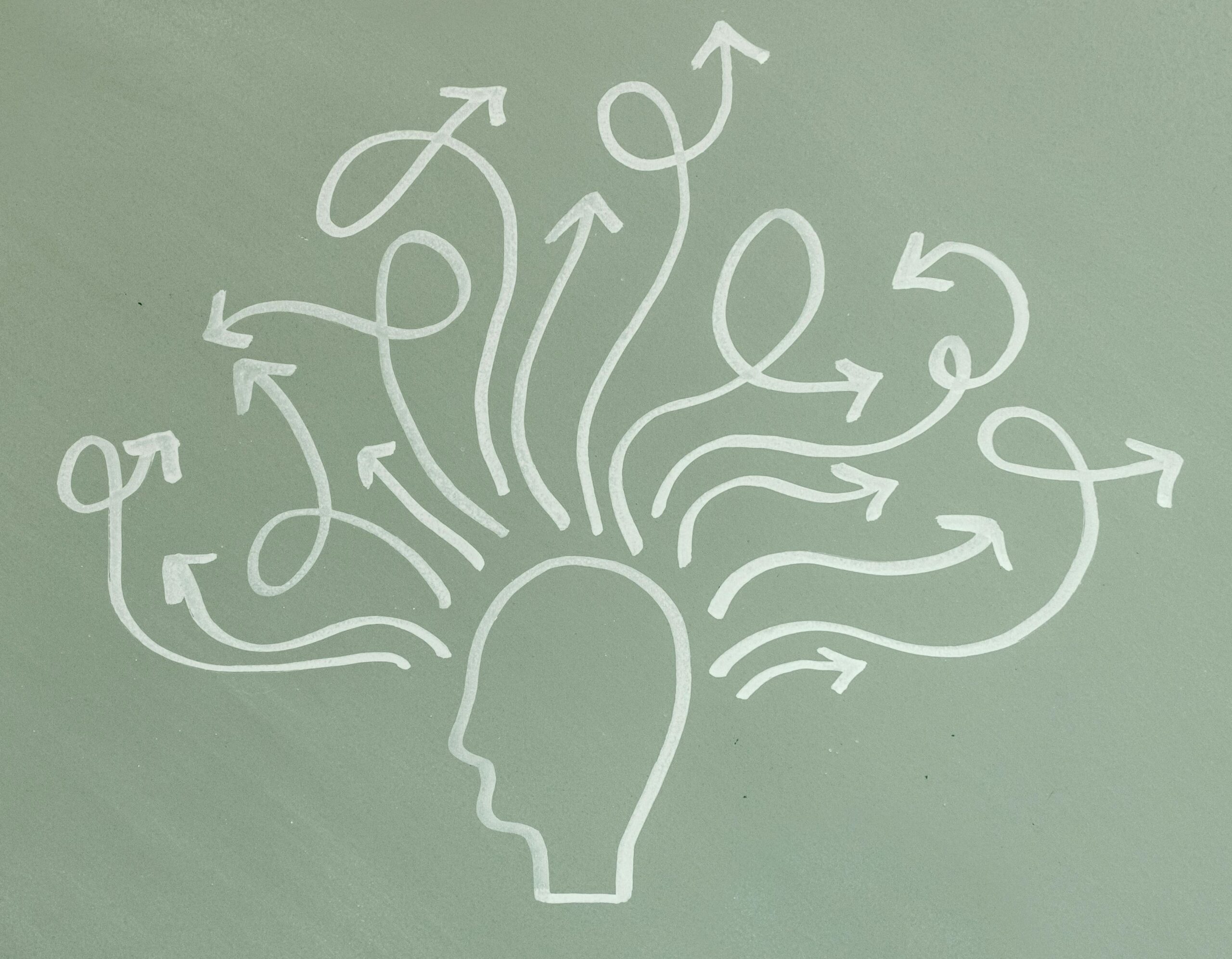 Silhouette of a head with several arrows extending outwards, symbolizing various directions or thoughts, drawn in white on a green background, representing mental health in business.