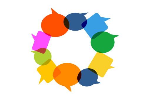 A circle of colorful speech bubbles layered in orange, blue, green, pink, purple, lime, and yellow on a white background.