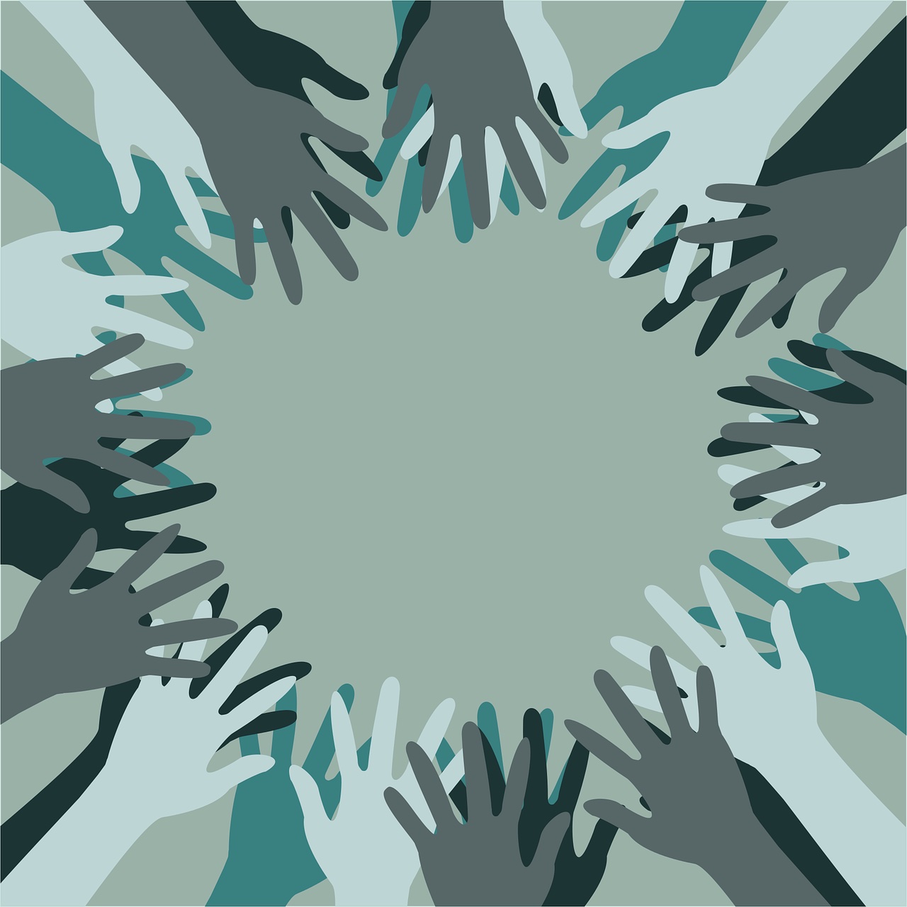 Illustration of diverse hands outstretched towards the center, forming a circle with an empty space in the middle on a light green background, symbolizing unity and support for “Corporate Mental Health First Aid”.